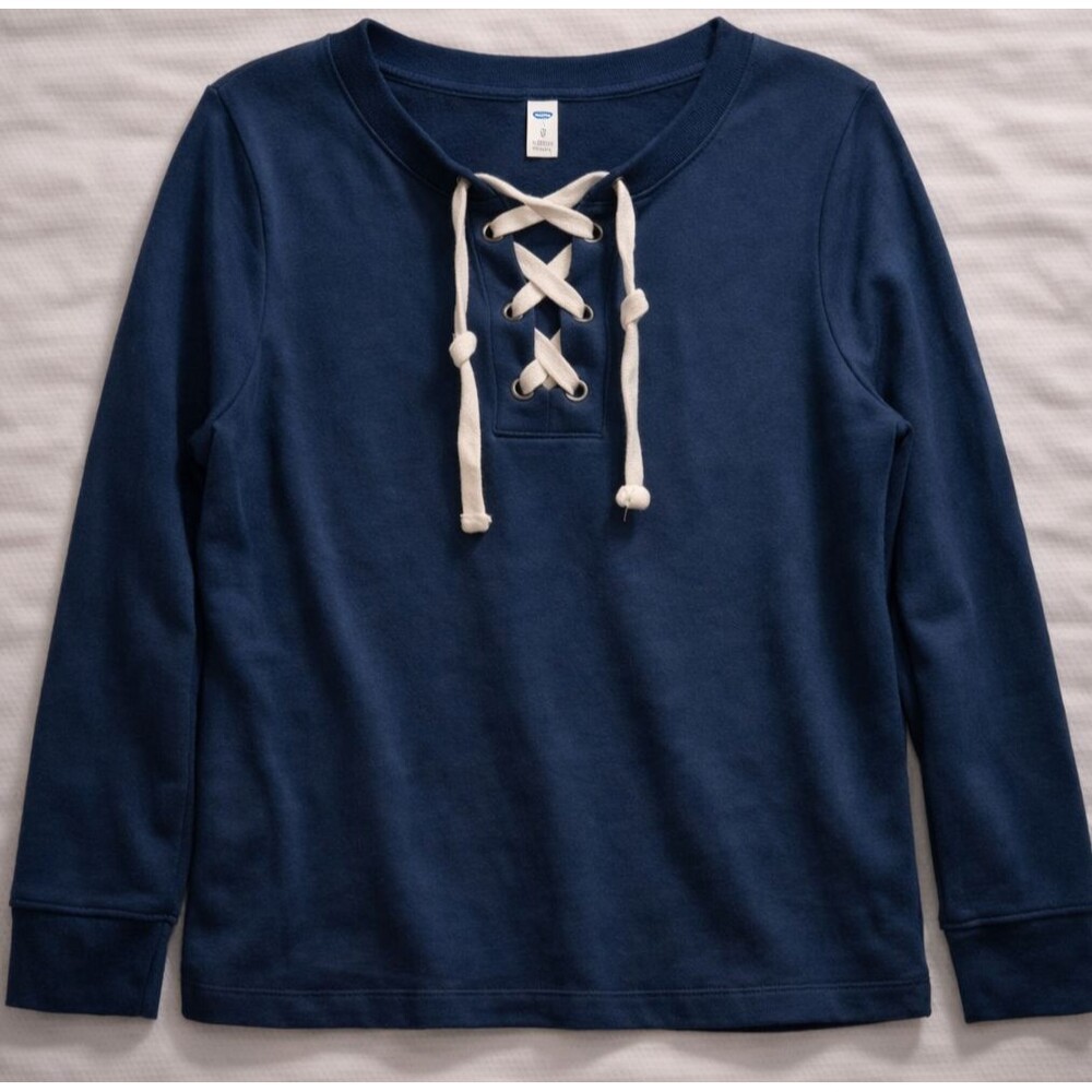 Old Navy Lace Up Sweatshirt Navy Blue Long Sleeve Pullover Top Womens Small